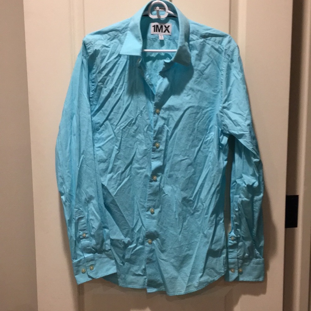 Express mens button down extra slim fit dress shirt stretchy size L 16-18 teal